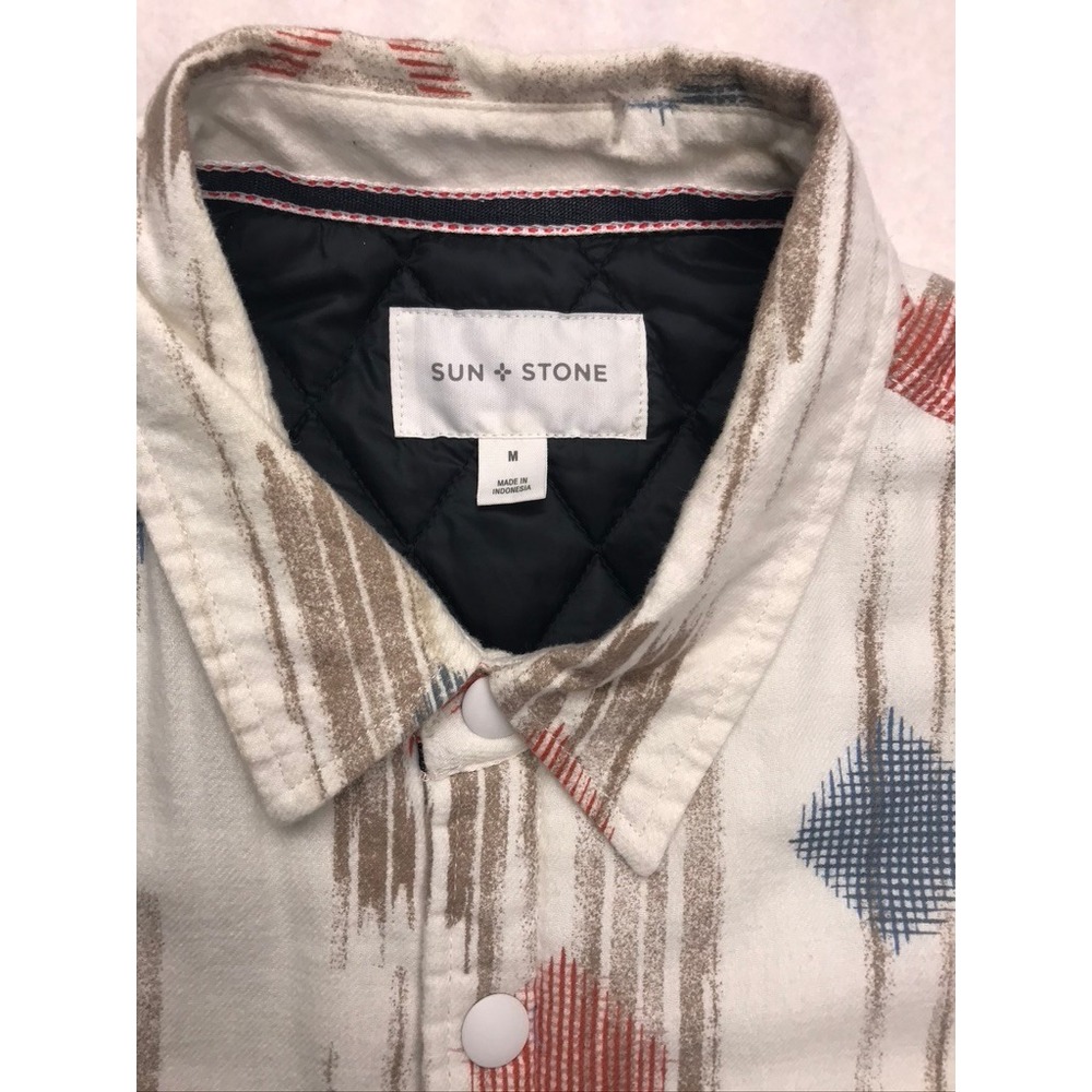 Sun + Stone Mens Quilted Lined‎ Shirt Jacket Medium White Tribal Geometric - Picture 3 of 10